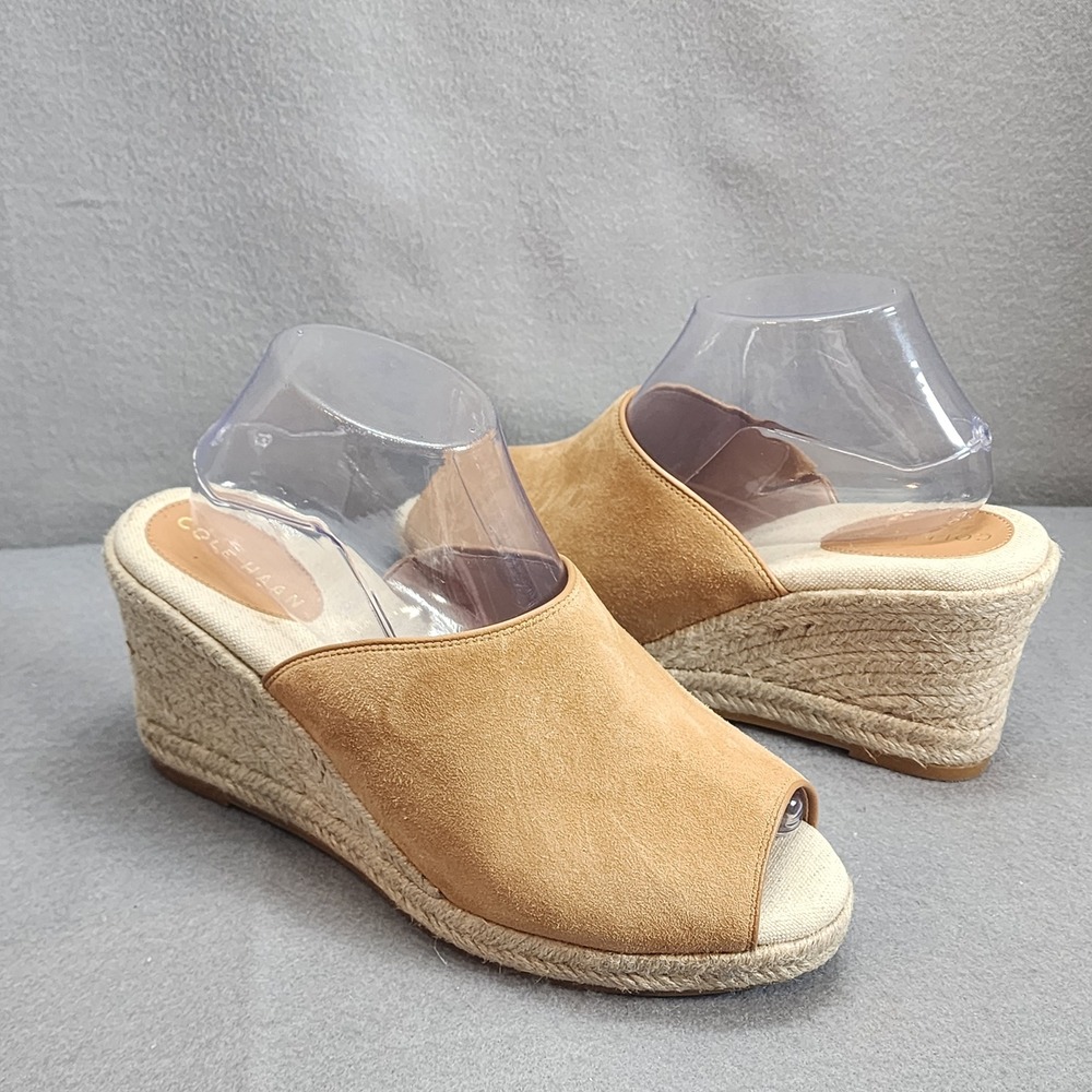 Cole Haan Espadrille Wedge Sandals Tan Suede Peep Toe Slide W31552 Womens 9.5 B